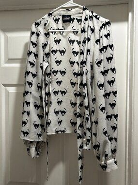 Black Cat Pattern Blouse with Tie Ribbon Front